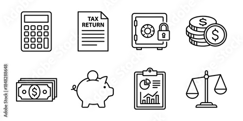 Finance and taxes line icons set, calculator safe money report