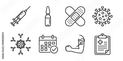 Vaccination and immunity line icons set, syringe virus calendar report