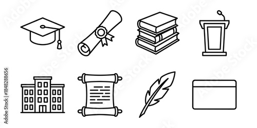 Education and university line icons set, graduation diploma books podium