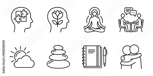 Mental health support line icons set, mindfulness meditation therapy