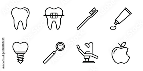 Dental care line icons set, tooth braces toothbrush implant
