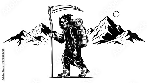 Grim Reaper Hiker wearing hiking boots and a backpack, Death Backpacker with Scythe Walking Stick, Dark Fantasy Journey, Hooded Wanderer, Skull Traveler in Mountains, irony, vector for tshirts