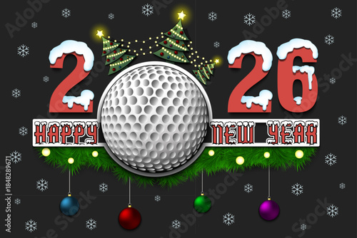 Happy New Year. 2026 with a golf ball, Christmas trees with garlands and New Year's balls. Snowy numbers and letters. Template design for greeting card. Vector illustration on isolated background
