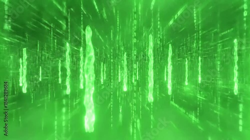 Glowing green columns rising through misty digital rain with sparse columns of glowing green effect green screen digital rain style