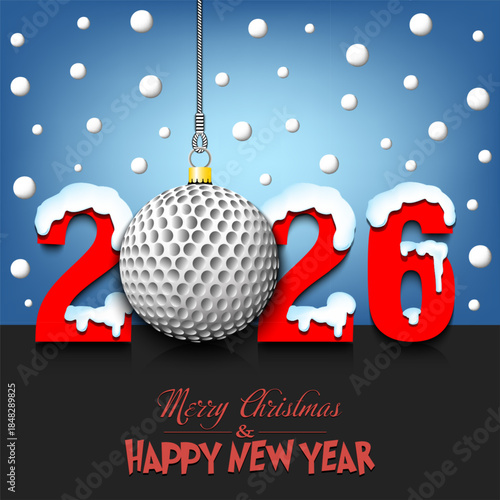 Merry Christmas and Happy New Year. Number 2026 and golf ball as a Christmas decorations hanging on strings amid falling snow on a mirror surface. Pattern for greeting card. Vector illustration