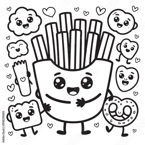 Cute french fries surrounded by various treats and hearts isolated on white background coloring page