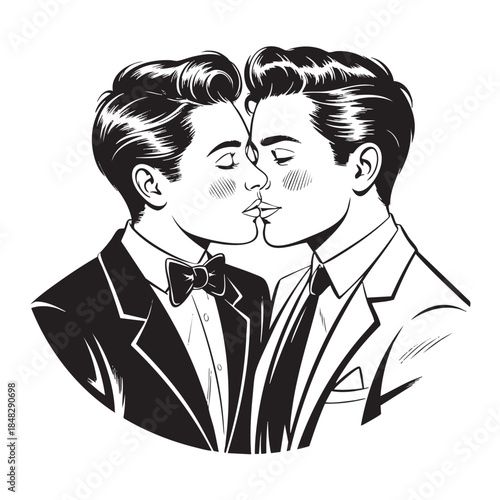Two elegant men kissing in a vintage comic pop art style illustration black and white