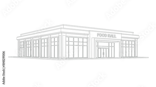 A detailed architectural sketch of a modern food hall building with large glass windows