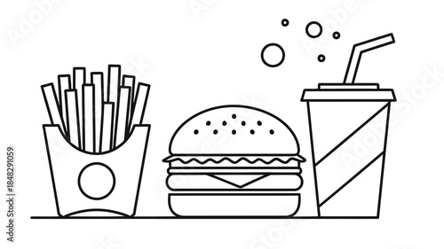 Simple line drawing depicts a classic fast food meal of burger fries and a drink