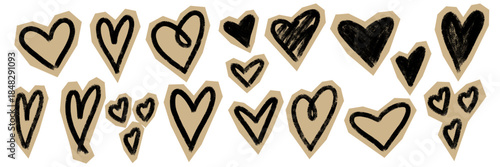 Set of grunge scrapbook hearts in collage style. Black hand drawing crayon and chalk texture on beige cutout paper background. Vintage scribble craft zine design. Vector illustration isolated