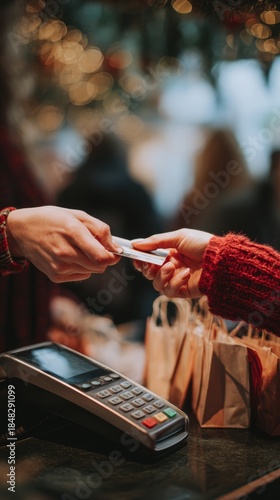 Two hands exchanging a payment card at a retail counter. A card reader is visible. Background features blurred shoppers and festive decorations.