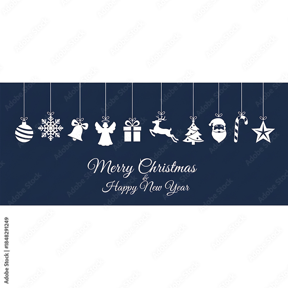 Fototapeta premium Elegant dark blue Christmas and New Year greeting card with white hanging ornaments and festive typography.