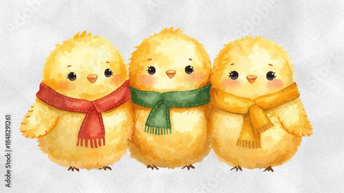Three Adorable Watercolor Chicks Wearing Colorful Scarves on a Black Background