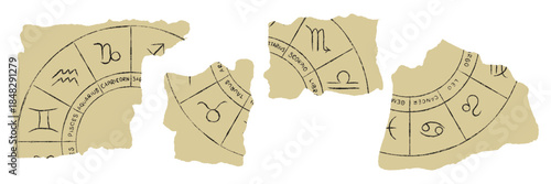 Hand drawn zodiac wheel scrapbook stickers with torn paper cutout look. Grunge chalk crayon texture, vintage astrological symbols in circular fragments for collage, journal, craft projects. Vector set