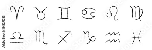 Hand drawn zodiac symbols set in rough chalk texture. Grunge astrological signs with vintage scribbled lines. Isolated vector illustration for horoscopes, astrology designs, journals, scrapbook use