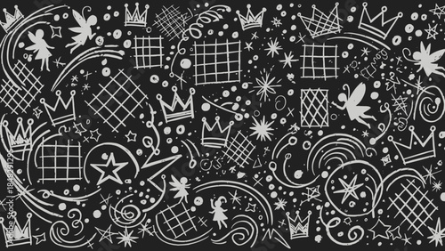 Whimsical chalkboard background with fairy tale elements and celestial sparkle design