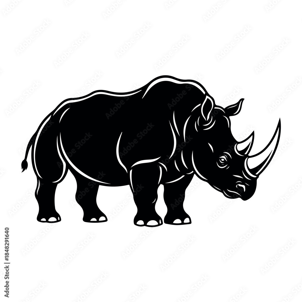 Fototapeta premium Powerful black rhinoceros illustration, side view, showcasing its iconic horn and strong build.