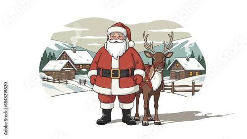 Santa claus and reindeer standing together in snowy village scene
