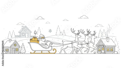 Santa claus riding his sleigh pulled by reindeer over a snowy village scene, outline drawing with minimal color accents