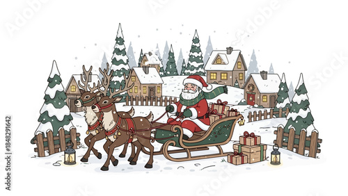 Santa claus riding a sleigh pulled by reindeer through a snowy christmas village scene with fir trees and houses