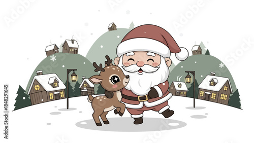 Cute cartoon santa claus character hugging a small reindeer in a snowy village setting during winter holidays