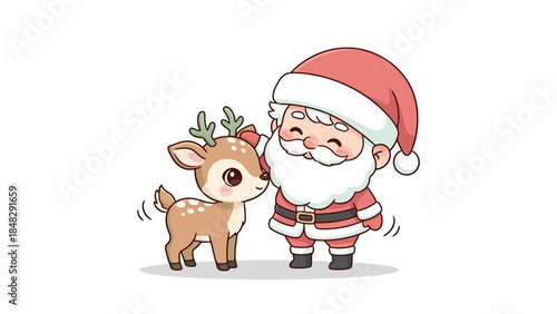 Cute cartoon santa claus character petting a small baby reindeer fawn