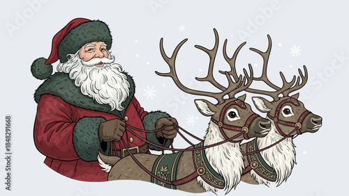 Santa claus driving a sleigh pulled by two reindeer illustration