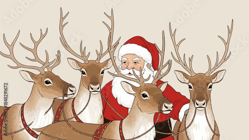 Santa claus with four reindeer illustration for christmas holiday season