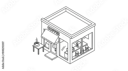 Isometric illustration of a quaint coffee shop with outdoor seating and detailed architectural lines