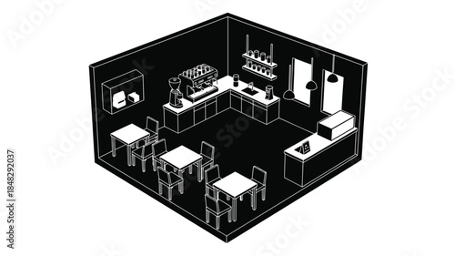 Isometric illustration of a small minimalist cafe interior with counter seating and coffee equipment