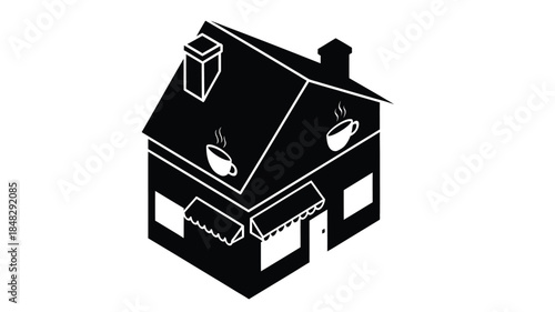 A minimalist black and white illustration of a house with a chimney and coffee cups on the roof