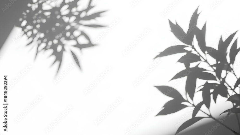 Naklejka premium Shadows of leaves cast on a white wall from a plant lit by natural light
