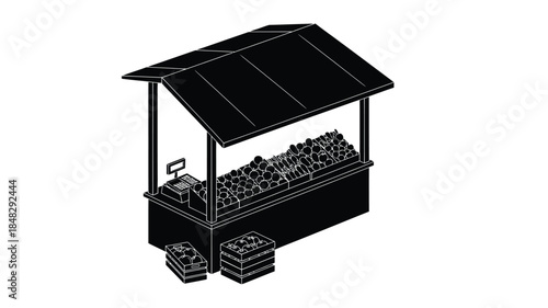 A simple black and white illustration of a market stall with goods for sale presented