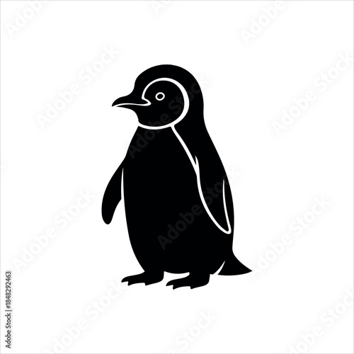A black and white graphic illustration of a standing penguin, depicted as a simple silhouette with minimal detail.