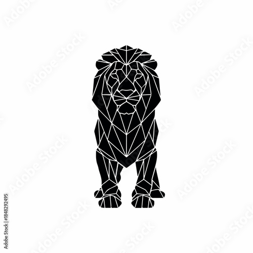 Striking geometric black lion illustration standing majestically on a clean white background.