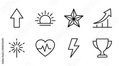 Set of black thin line icons representing success, growth, and achievement concepts like a trophy, star, arrow, heartbeat, lightning bolt, and sunrise for business infographics