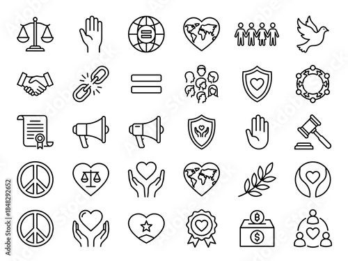 Collection of thin line icons for human rights and social justice, illustrating concepts of peace, equality, freedom, and community with symbols like a dove, scales, and a handshake