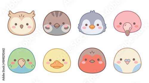 Collection of cute kawaii bird heads including an owl, penguin, flamingo, and duckling in a charming cartoon style with soft pastel colors and simple line art for children's design