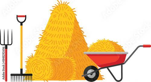 Farm harvest collection with golden haystack, yellow hay bales, red wheelbarrow full of straw, pitchfork, and garden rake isolated on white background vector illustration.