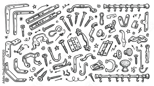 Large collection of hand-drawn hardware doodles including screws, brackets, hinges, and handles in a black and white sketch style illustration for DIY and carpentry projects