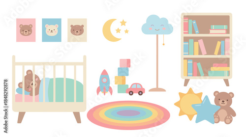 Cute collection of nursery room items including a crib with a sleeping teddy bear, toys, a bookshelf, and a lamp in a flat cartoon vector illustration style