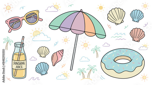 Cute collection of hand-drawn summer vacation elements in a pastel color palette, including a beach umbrella, sunglasses, seashells, a donut, and juice in a bottle