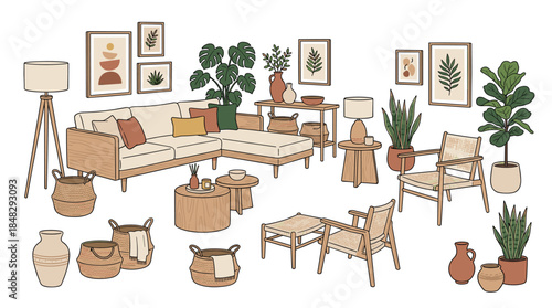 Collection of hand-drawn modern furniture and home decor items in a cozy bohemian style, including a sofa, armchair, plants, and wicker baskets for interior design