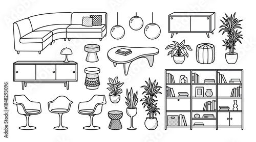 Collection of black and white line art furniture icons for a modern living room interior, featuring a sofa, chairs, bookshelf, plants, and lamps in a minimalist doodle style