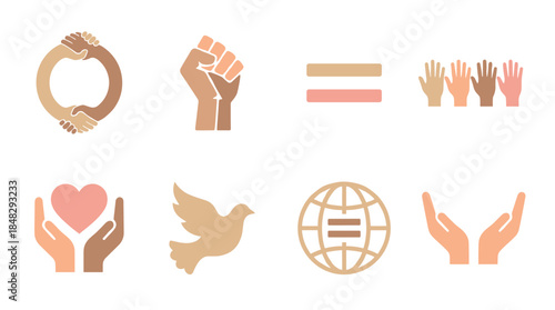 Set of flat vector icons in various skin tones representing equality, diversity, peace, and human rights, featuring multiracial hands, a raised fist, a heart, and a dove