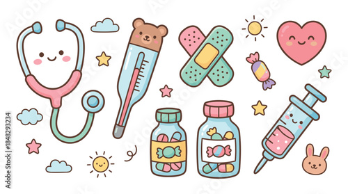 Cute collection of kawaii medical items including a stethoscope, thermometer, and syringe, illustrated in a charming pastel cartoon style for pediatric healthcare concepts