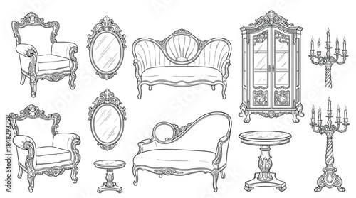 Collection of hand-drawn antique furniture in an elegant Rococo style, featuring ornate carved details on an armchair, sofa, mirror, cabinet, table, and candelabra