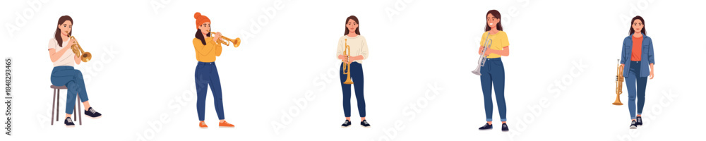 Naklejka premium Female Trumpet Musician Flat Vector Character Illustration Collection Set