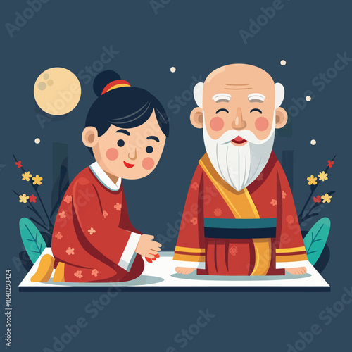 A young woman in traditional red attire respectfully bows to an old wise man under a full moon at night.