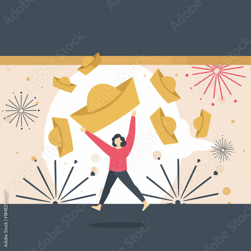 Woman celebrating with gold ingots and fireworks, symbolizing prosperity and good fortune.